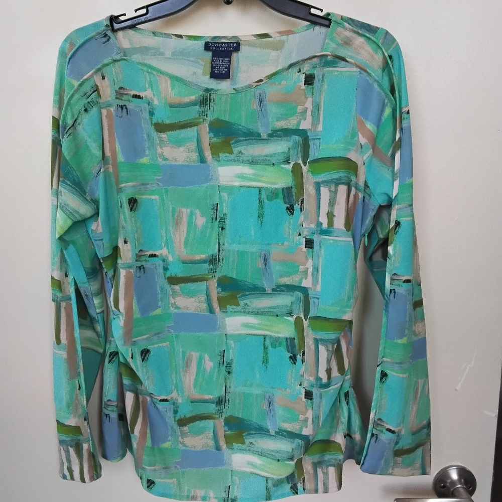 Doncaster Aqua & Seafoam Abstract Brushstroke Long Sleeve Top